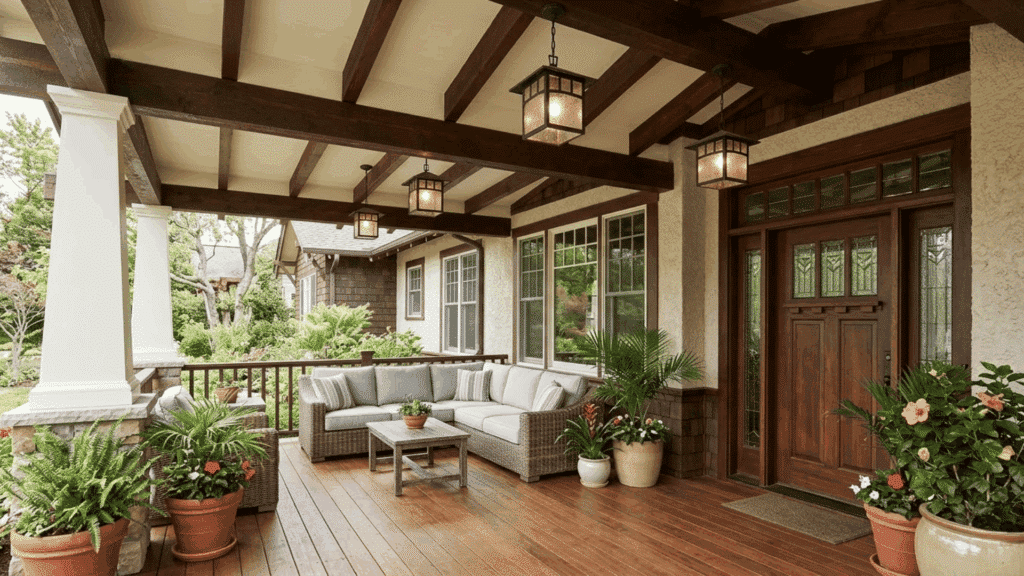 front porch with exposed dark wood beam ceiling, hanging lantern lights, white columns, wooden floor, and comfortable outdoor seating with plants.