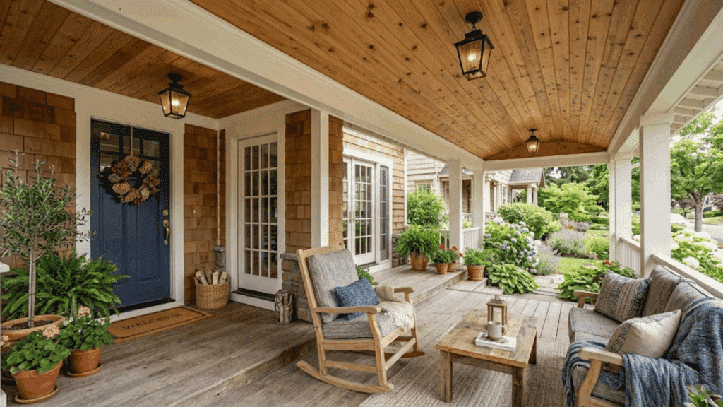 front porch with natural wood ceiling, visible grain panels, white columns, lantern lights, rocking chair and seating area with plants.
