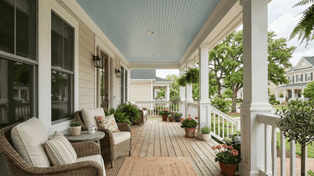 front porch with painted light blue beadboard ceiling, white columns, wicker seating, wooden floorboards, and potted plants in a bright residential setting.