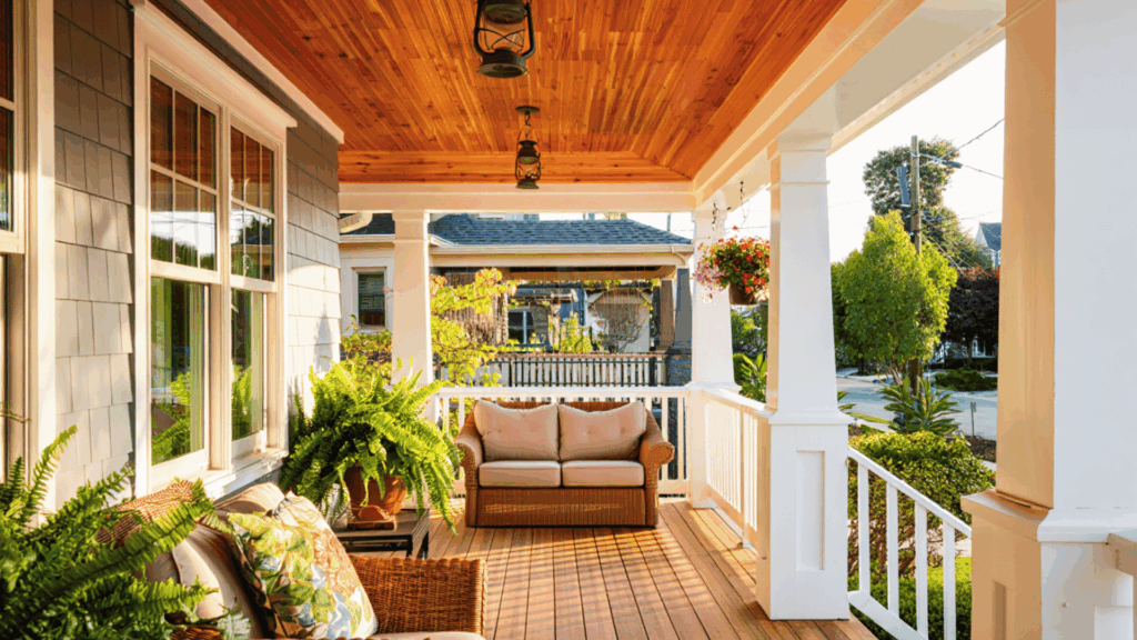 front porch with warm cedar wood ceiling, white columns and railings, wicker seating, hanging lantern lights, and lush green plants in sunlight.