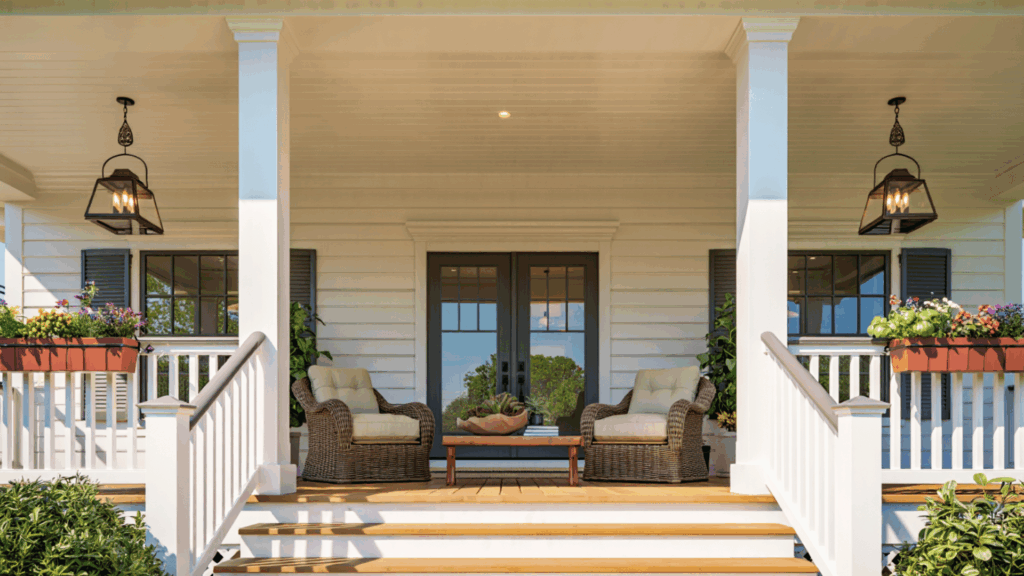 front porch with white shiplap ceiling, tall white columns, wicker chairs with cushions, hanging lantern lights, flower boxes, and wooden steps leading up.