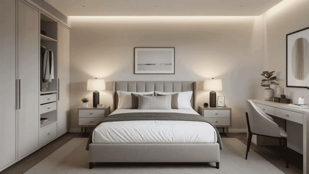 front view average bedroom layout with queen bed in 11.5x11.5 bedroom size