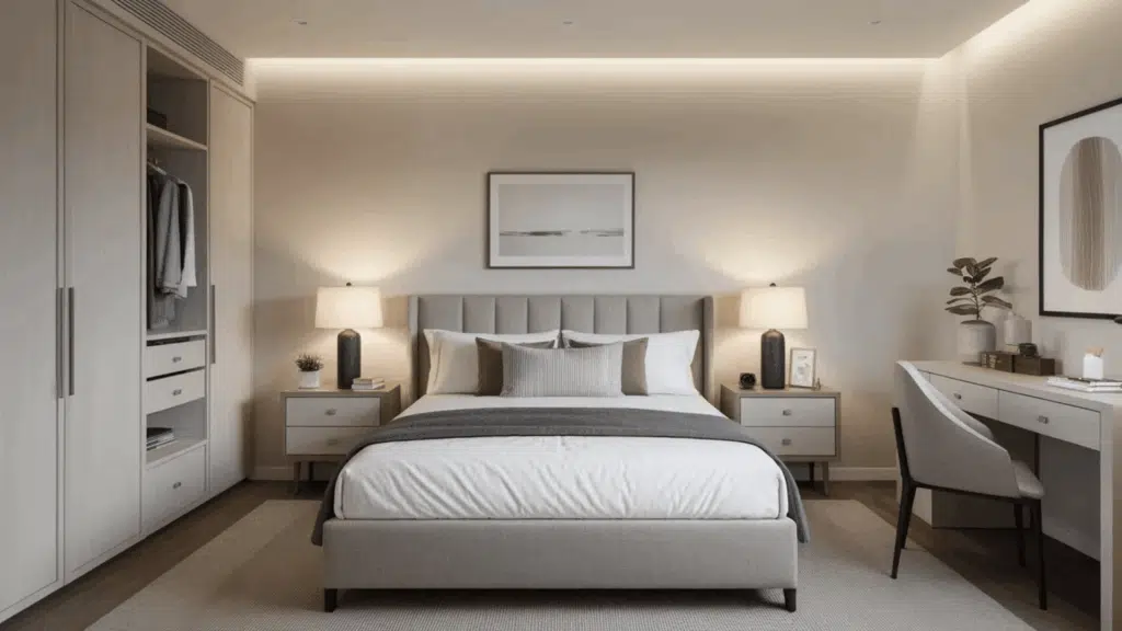 front view average bedroom layout with queen bed in 11.5x11.5 bedroom size