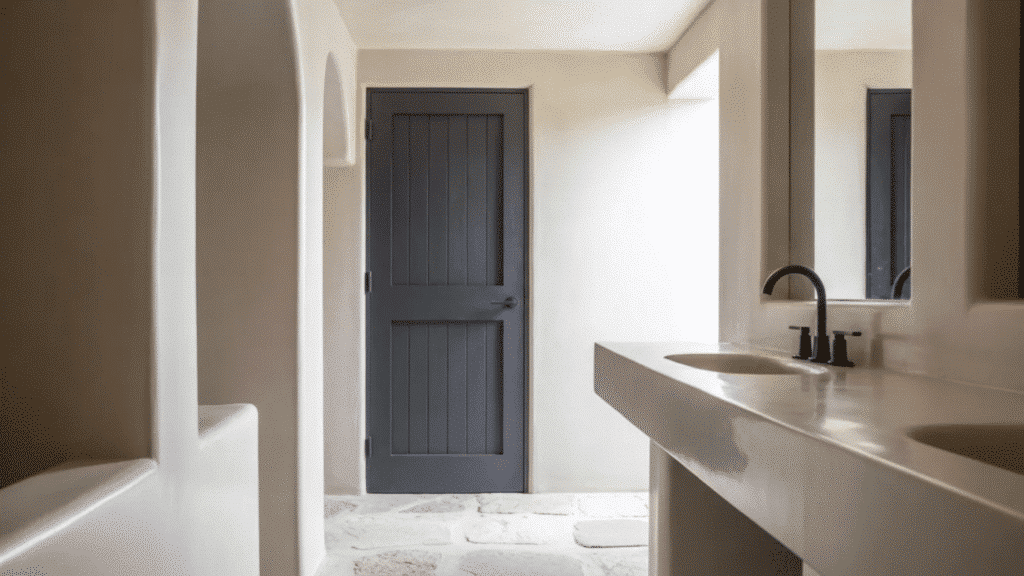 front view black and white bathroom with matte black sliding barn door, smooth white walls, vanity, and black fixtures.