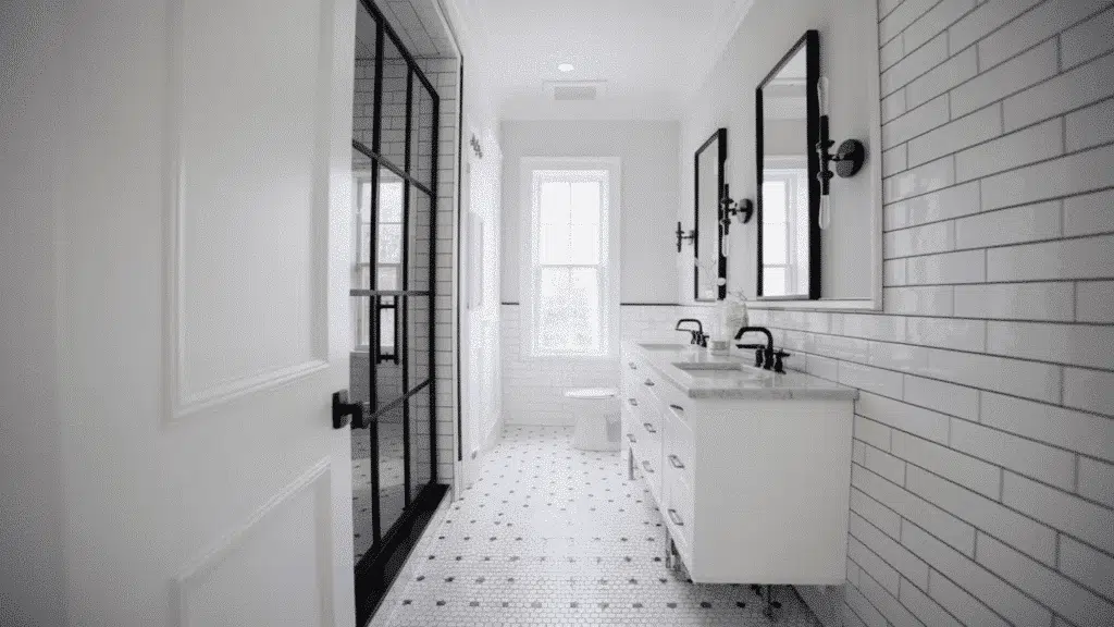 front view black and white bathroom with matte black sliding barn door, smooth white walls, vanity, and black fixtures. (1)