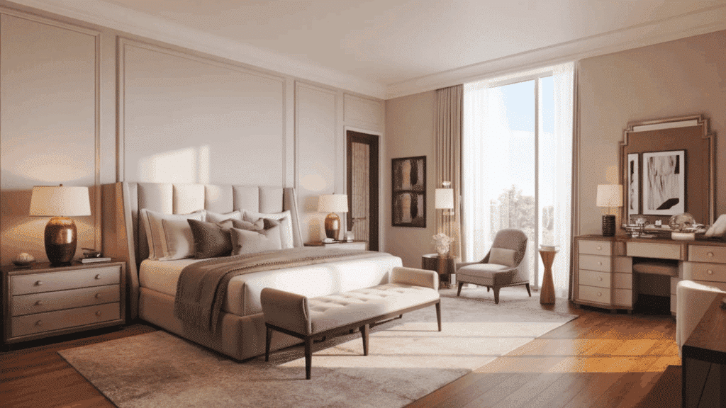 front view master bedroom layout with king bed in master bedroom size