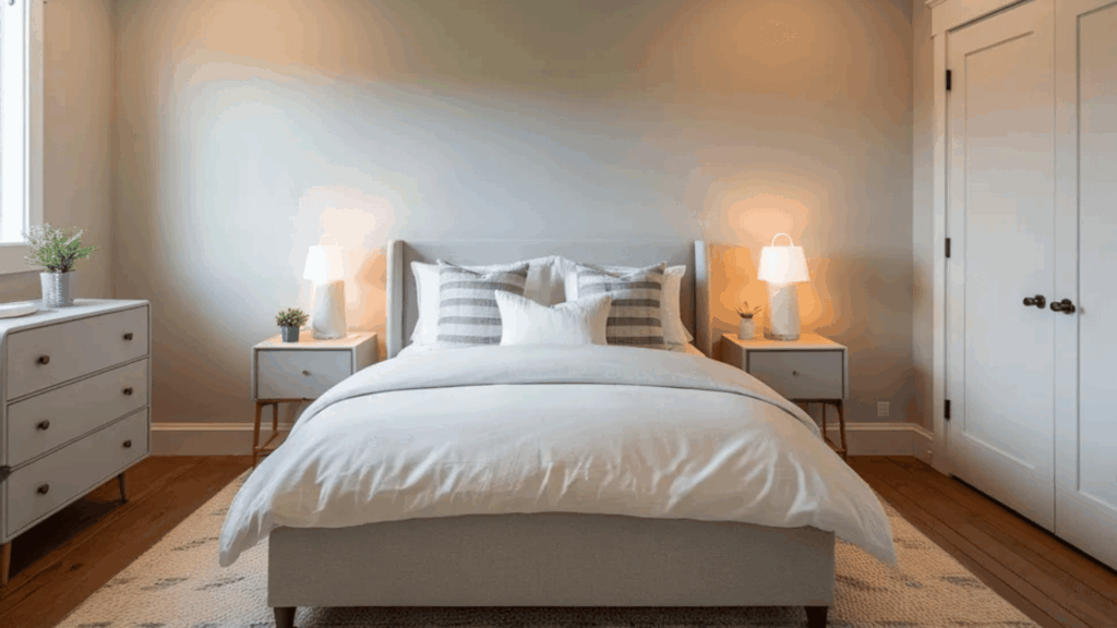 front view secondary bedroom with queen bed in average bedroom size