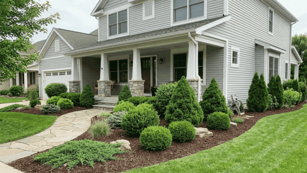 front yard landscaping with evergreen shrubs, mulch beds, and curved stone walkway.