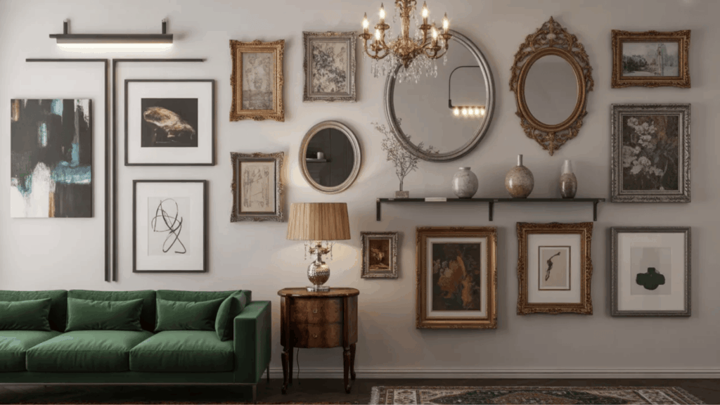 gallery wall that blends sleek modern frames with ornate vintage style mirrors