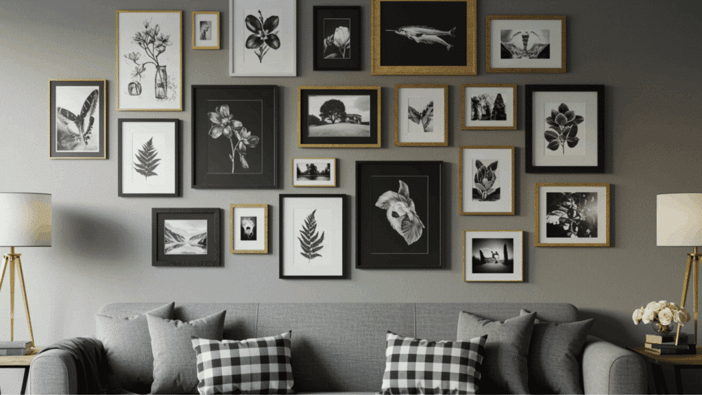 gallery wall with black and gold frames, botanical and nature prints above gray sofa with plaid pillows and table lamps