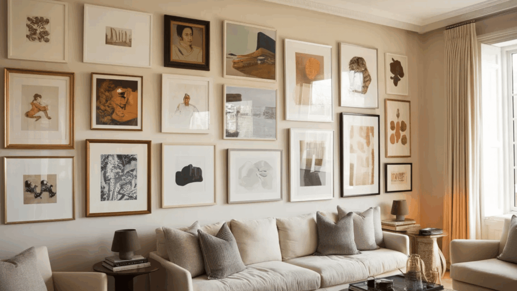 gallery wall with framed art in grid layout, cozy living room with soft light