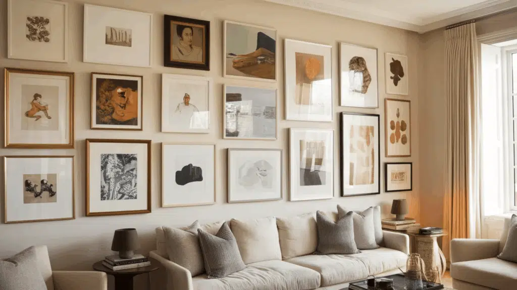 gallery wall with framed art in grid layout, cozy living room with soft light