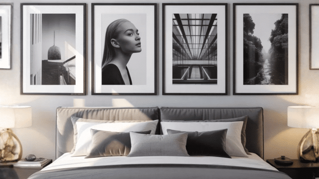 gallery wall with multiple black and white framed photographs arranged in a grid pattern.png Uploaded through (1)