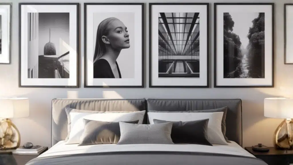 gallery wall with multiple black and white framed photographs arranged in a grid pattern.png Uploaded through (1)