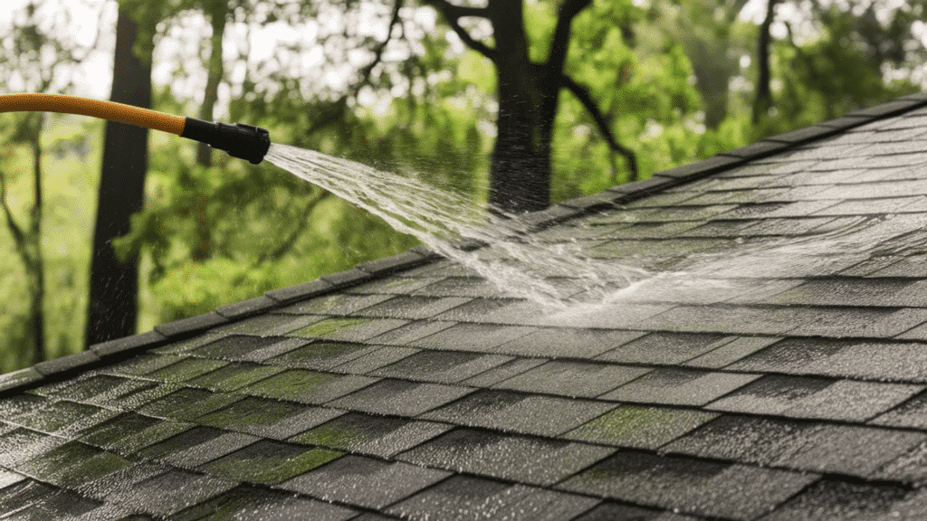 garden hose rinsing treated moss off roof shingles with gentle water pressure