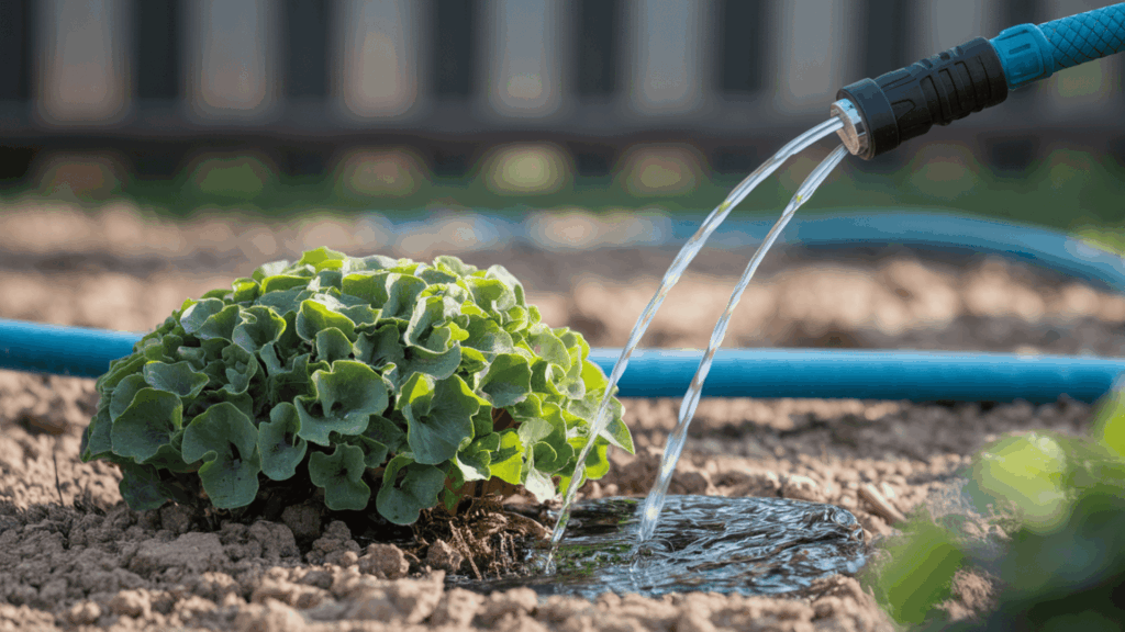 garden hose watering deeply at plant base to encourage strong root growth instead of frequent light watering