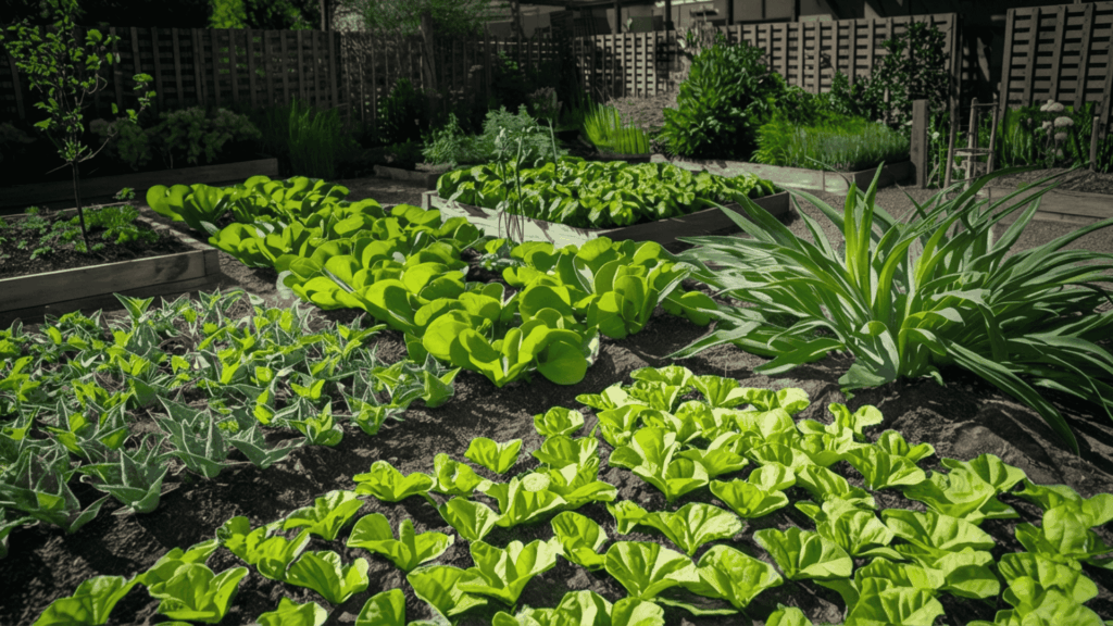 garden plants growing in sunny and shaded sections showing how sunlight patterns affect plant placement and growth conditions