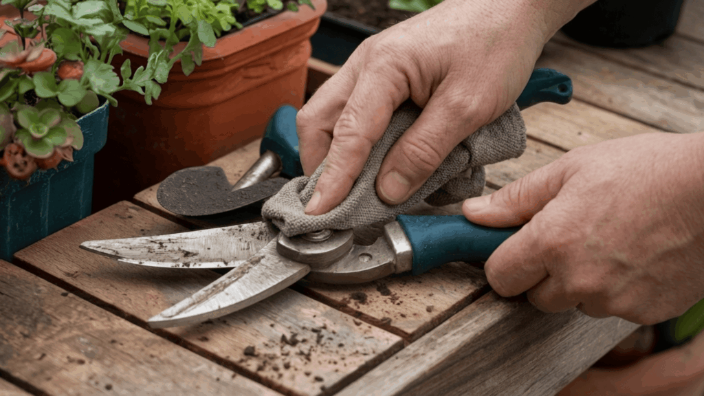 garden pruning shears and trowel being wiped clean on a wooden bench to prevent disease from spreading between plants