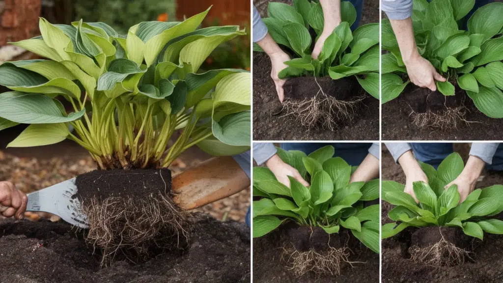 gardener dividing hosta plant clump in early spring and replanting sections in a shaded garden bed