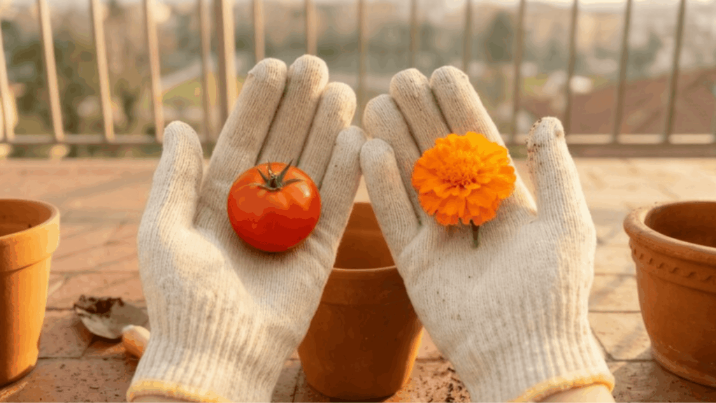 gardener holding a ripe tomato and marigold flower in gloved hands on a balcony with pots and gardening tools nearby