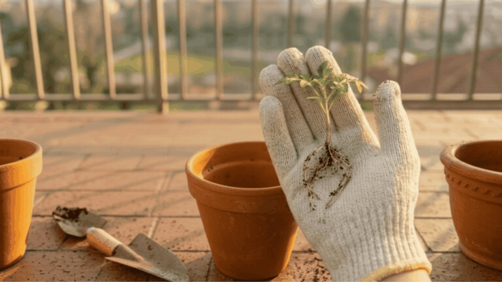 gardener holding a small seedling with roots in a gloved hand beside terracotta pots and tools on a balcony garden