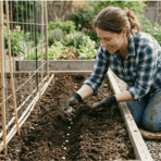 gardener planting pea seeds in neat rows with trellis support in a raised garden bed.