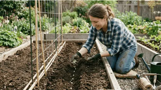 gardener planting pea seeds in neat rows with trellis support in a raised garden bed.