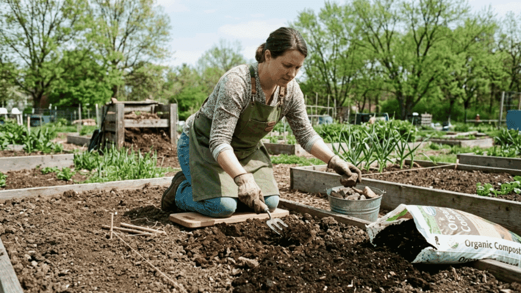 gardener preparing soil in raised bed for planting peas in a home vegetable garden.