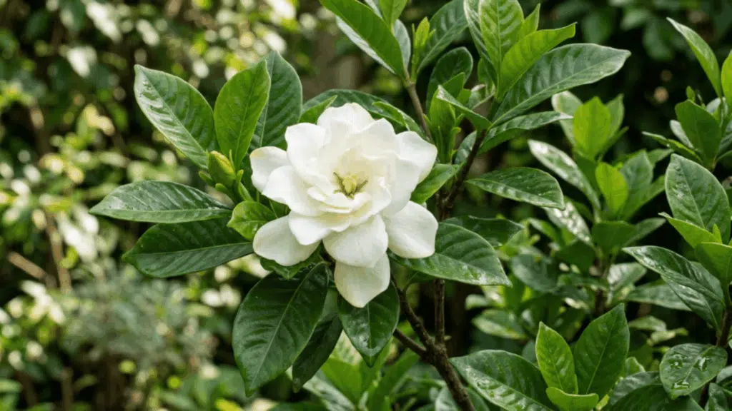 gardenia bloom close up with creamy white petals and glossy green leaves plant fully visible not cut from above with sharp detail