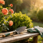 gardening tools and gloves on a wooden bench beside blooming roses in a sunlit garden, creating a calm outdoor workspace