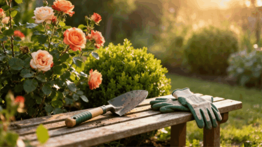 gardening tools and gloves on a wooden bench beside blooming roses in a sunlit garden, creating a calm outdoor workspace