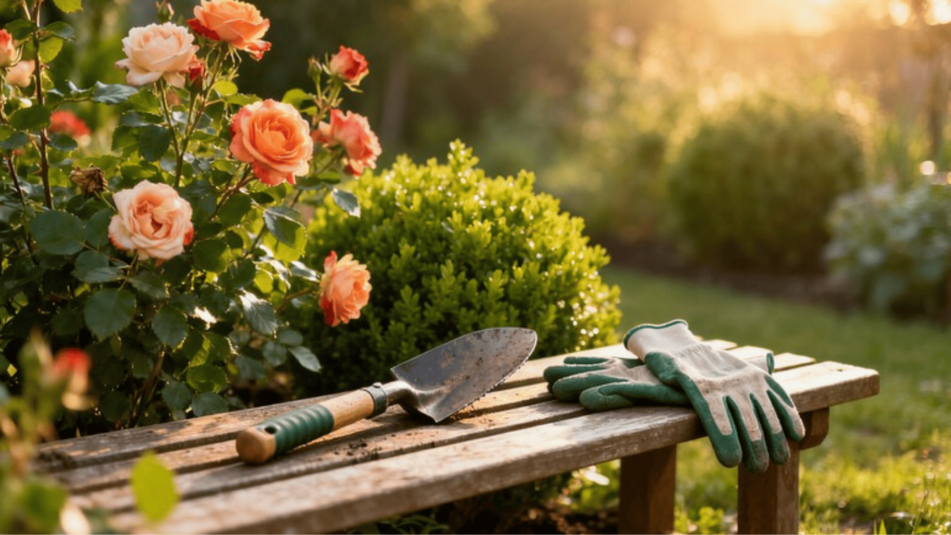 gardening tools and gloves on a wooden bench beside blooming roses in a sunlit garden, creating a calm outdoor workspace
