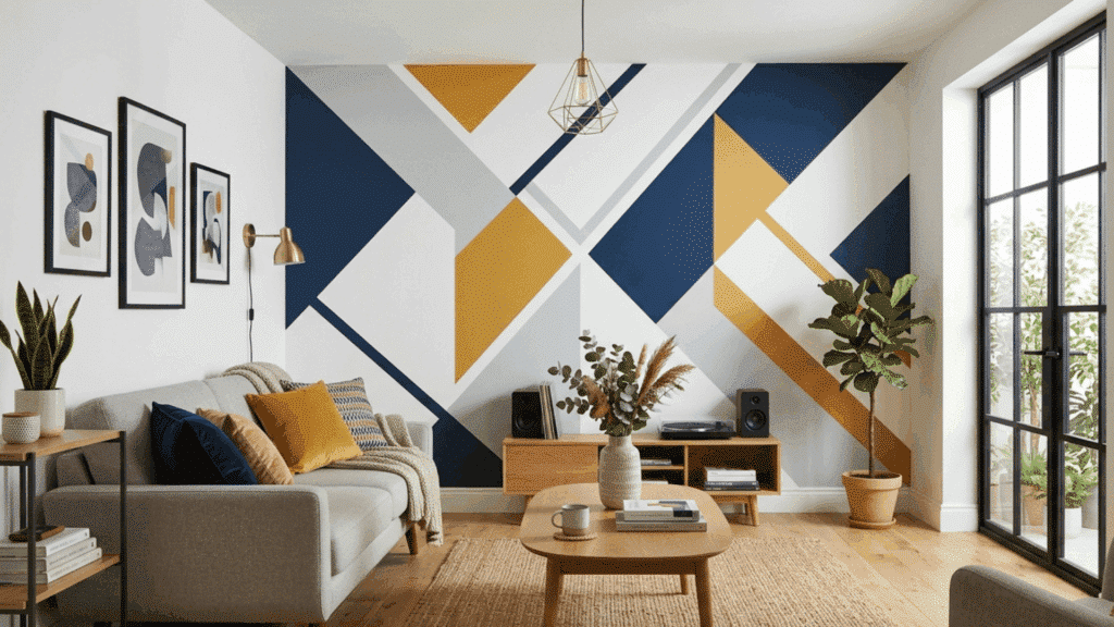 geometric accent wall with blue and mustard shapes in a modern living room.