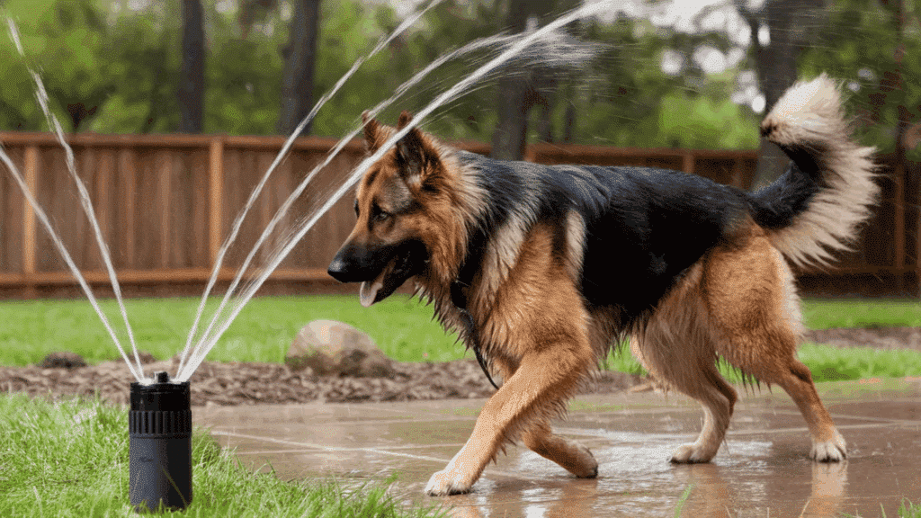 german shepherd dog playing in the sprinkler on a grassy lawn with a wooden fence in the background