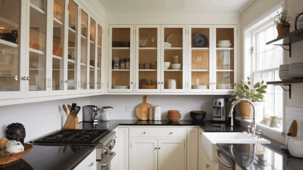 glass-front cabinets in a galley kitchen allowing light to flow through the space.