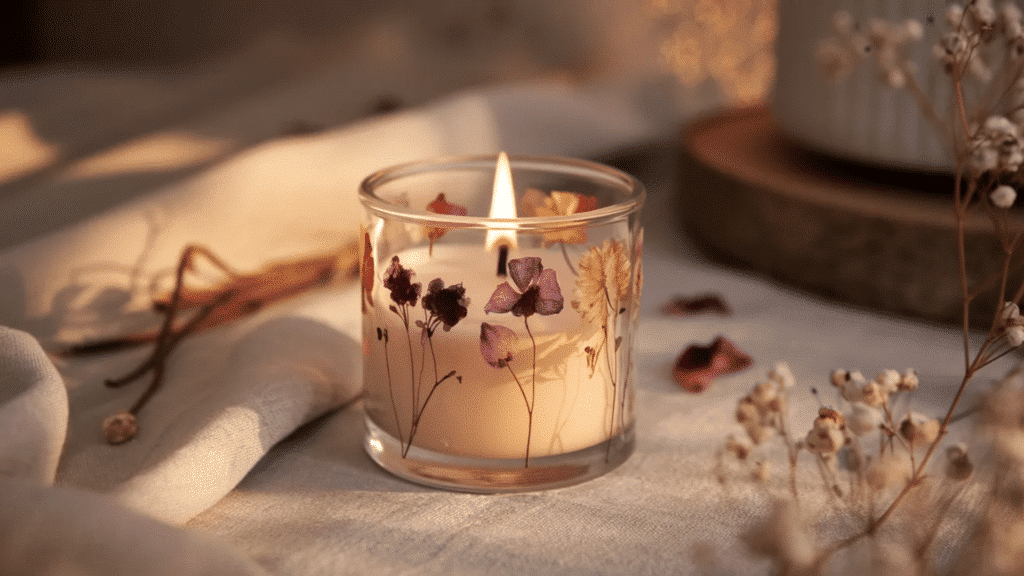 glass jar candle with dried flowers pressed along the inside, softly glowing with a warm flame, placed on a neutral fabric surface with scattered dried blooms creating a cozy, calming atmosphere