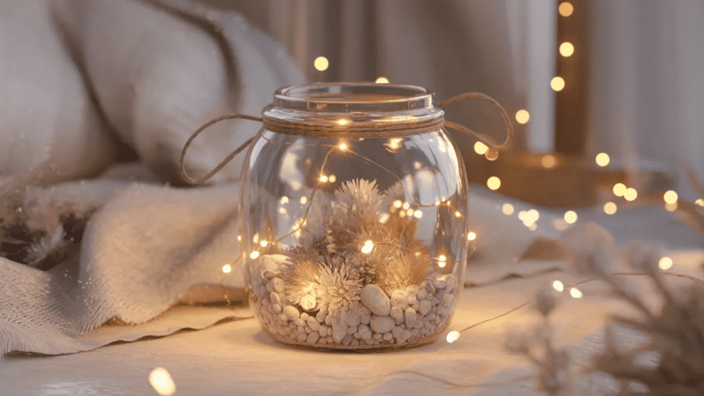 glass jar filled with glowing fairy lights, small stones, and dried flowers, wrapped with twine and placed on soft fabric, creating a warm, cozy, and dreamy ambiance