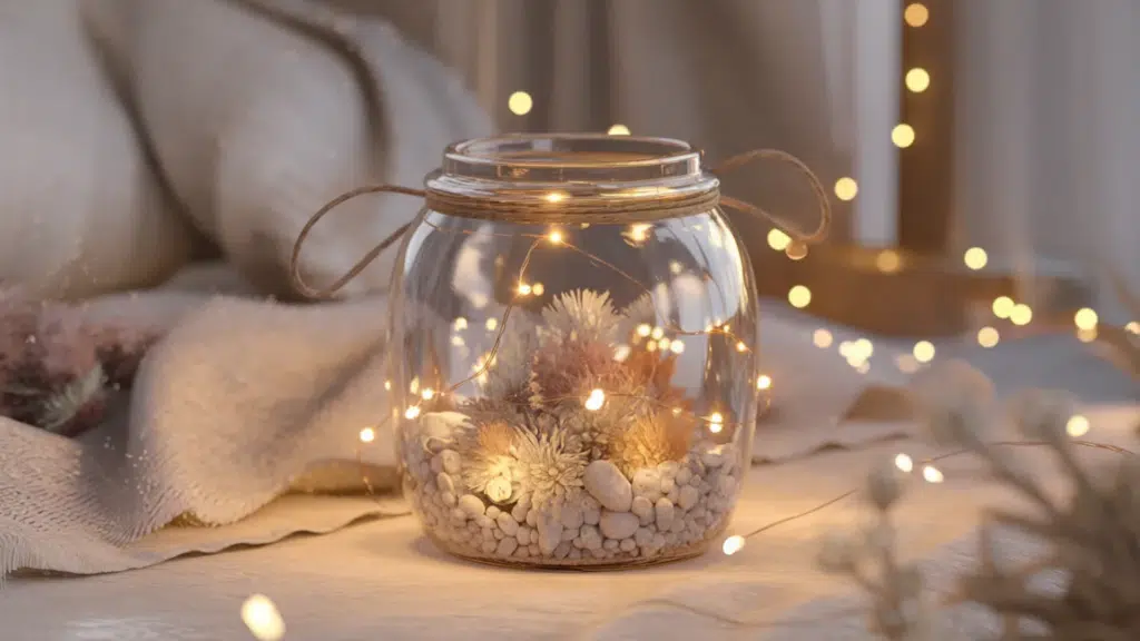 glass jar filled with glowing fairy lights, small stones, and dried flowers, wrapped with twine and placed on soft fabric, creating a warm, cozy, and dreamy ambiance