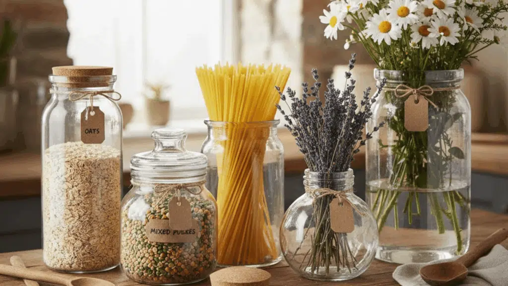 glass jars filled with oats, pasta, and flowers on a wooden kitchen counter