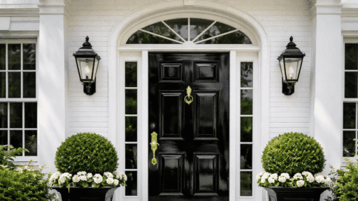 glossy black front door with brass fixtures, plants, and white brick façade.