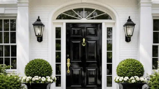 glossy black front door with brass fixtures, plants, and white brick façade.
