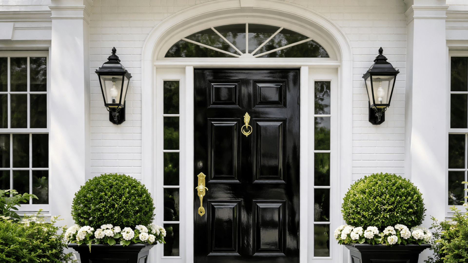 glossy black front door with brass fixtures, plants, and white brick façade.
