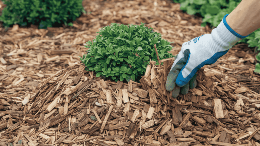 gloved hand spreading brown wood chip mulch around plant base to retain soil moisture and reduce watering needs