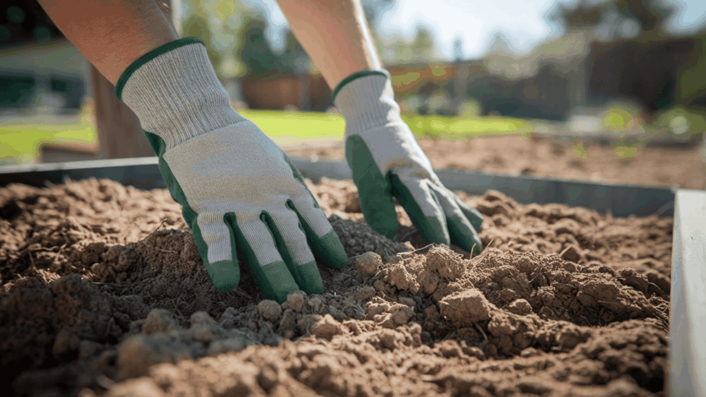 gloved hands checking a sunny garden bed location before planting roses to ensure proper sunlight and airflow