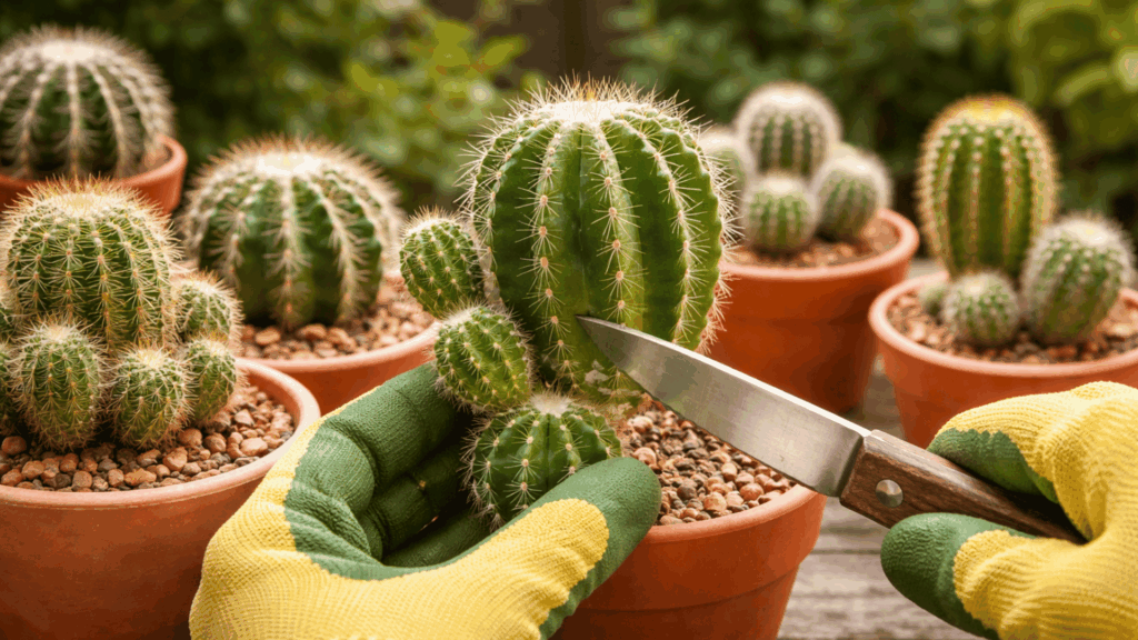 gloved hands cutting cactus section with knife for propagation.