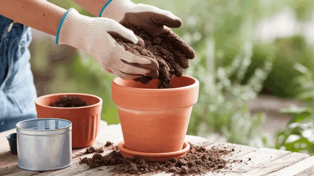 gloved hands filling a terracotta container with light fluffy potting soil on a wooden surface with a small trowel nearby