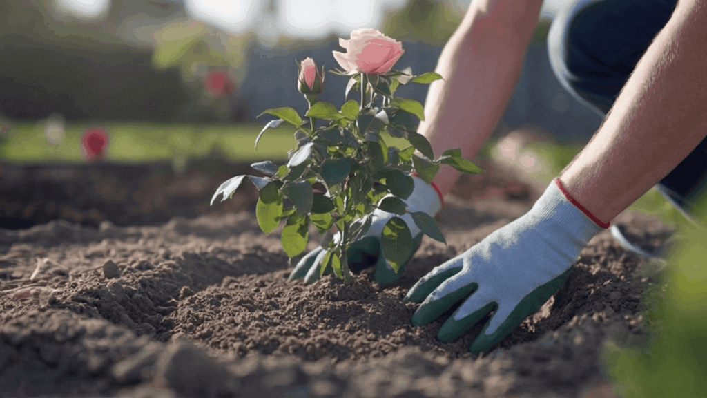 gloved hands filling soil around the rose plant and pressing the soil gently to stabilize the plant in the garden bed
