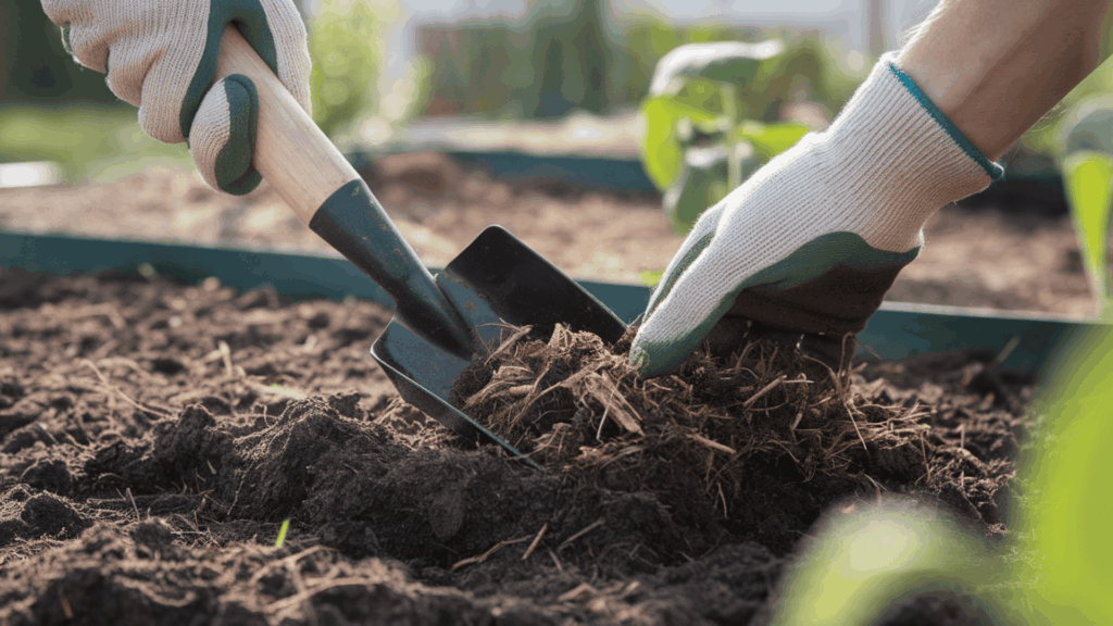 gloved hands mixing compost into garden soil to prepare well draining soil before planting a rose bush