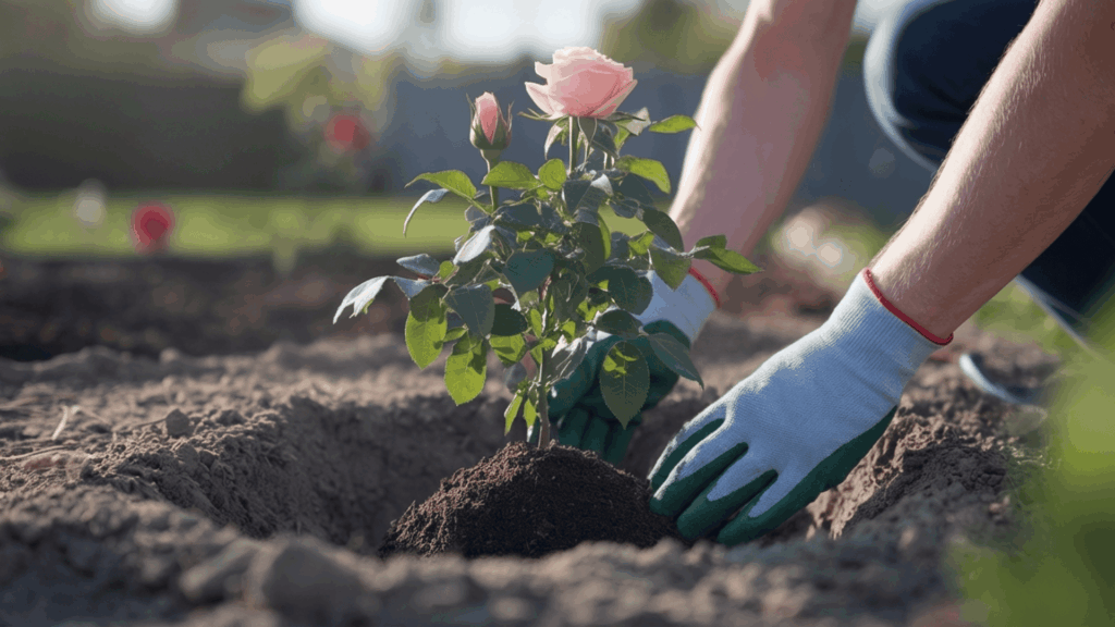 gloved hands placing a rose plant into the planting hole with roots spread over a soil mound in the garden bed