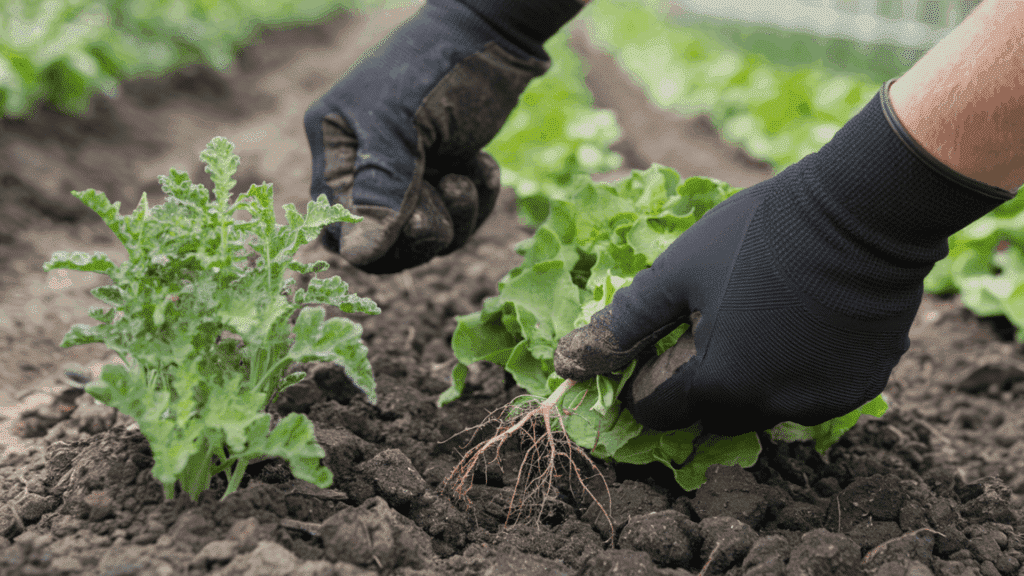 gloved hands pulling a weed with visible roots out of garden soil between healthy green plants to prevent spreading